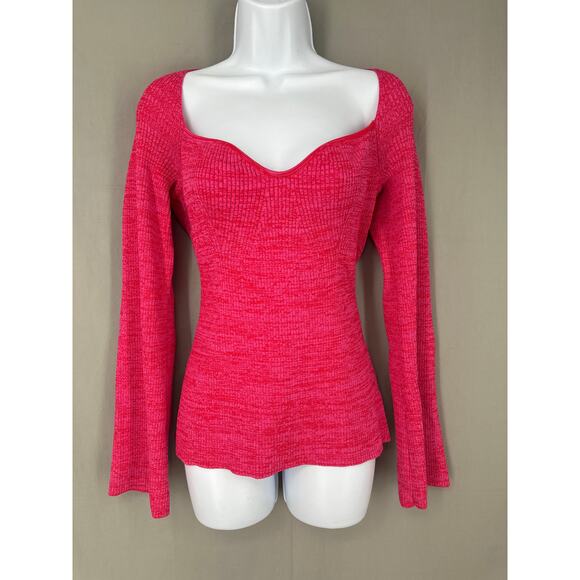 H&M Tops - H&M Top Womens Large Pink Sweetheart Neckline Flare Sleeve Stretch Ribbed Knit
